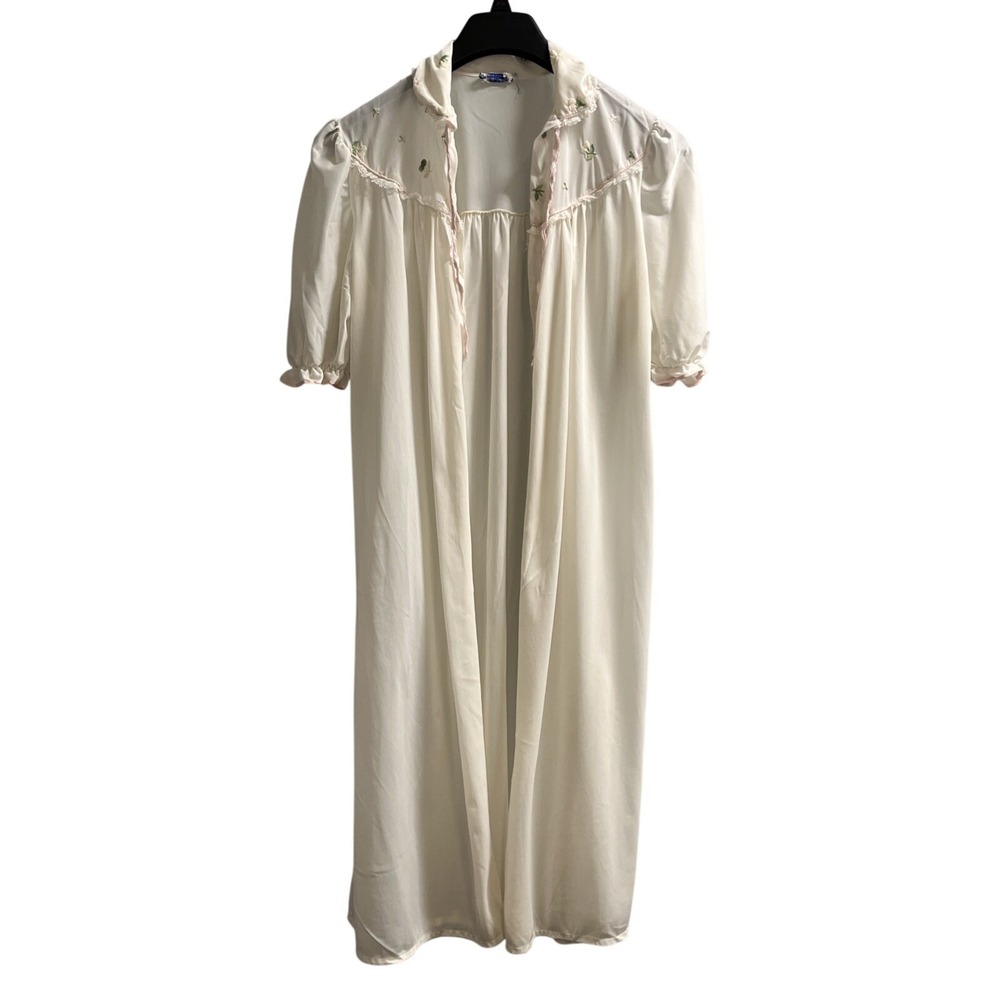 Vintage Miss Siren Robe‎ Womens S White Sheer Nylon Floral Embroidered Collar